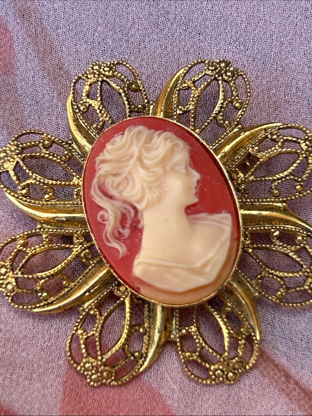 Vintage Gold Filigree Cameo Brooch with Coral and Ivory Profile - Picture 5 of 7